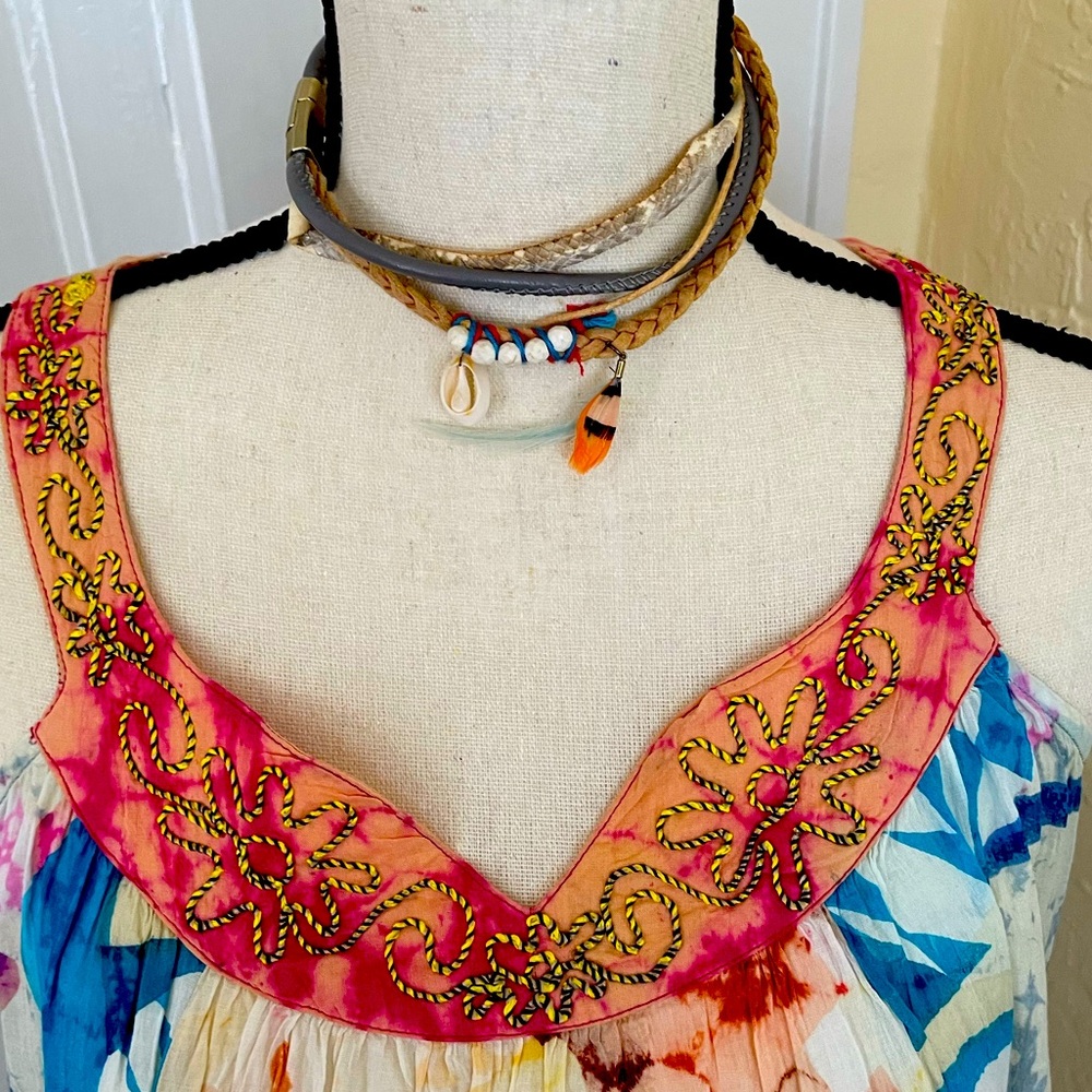 NWT Chaudry Boho TieDyed Embroidered‎ SunFun Dress w/Ruffle Hem Size S oversized - Picture 3 of 8